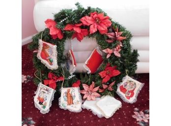 Hand Made Holiday Wreath With Decorative Santa Clause Stockings