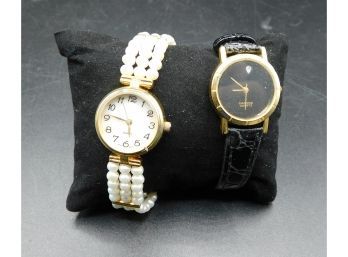 Pair Of Stainless Steel Quartz Watches - Black Leather Band (1) And Faux Pearl Band (1)