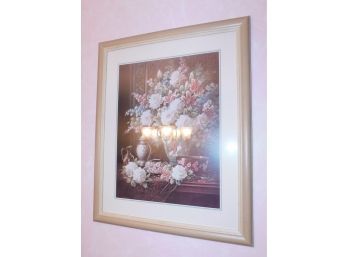 White Flowal Bouquet In Vase - Decorative Floral Artwork Print In Silver Tone Frame