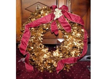 Decorative Hand Made Gold Painted Wreath With Red Ribbon