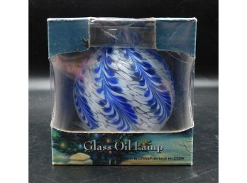 Decorative White And Blue Blown Glass Oil Lamp With New Wick