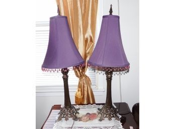 Vintage Wrought Iron Table Lamp With Purple Shade - Matching Set Of 2