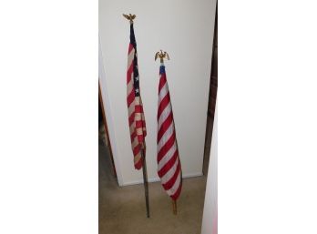Pair Of Large American Flags (2) On Flagpoles