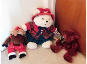 Lot Of Holiday Themed Stuffed Animals - 2 Bears And 1 Reindeer
