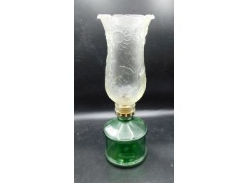 Green Glass Oil Lamp With Clear Floral Etched Lamp Shade