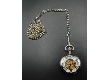 Vintage Silver Tone Wind Up Skeleton Pocket Watch With 28' Chain