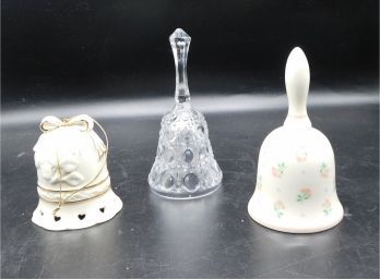 Decorative Ceramic And Glass Bells (4) And A Music Box (1)