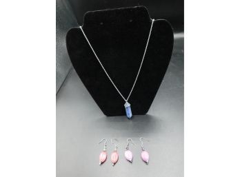 Blue Hexagonal Crystal Pendant And 2 Pairs Of Colored Stone Earrings