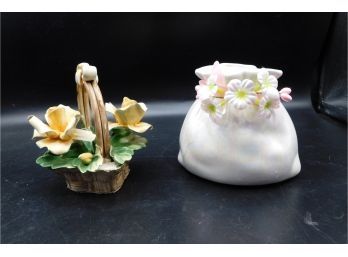 Vintage Capodimonte Porcelain Yellow Flowers In Basket & Ceramic Trinket Basket