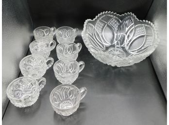 Vintage Crystal Punch Bowl With 8 Glasses