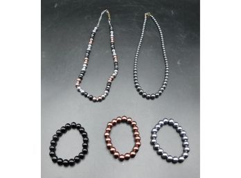 Black And Tricolor Beaded Necklaces With Set Of 3 Matching Bracelets