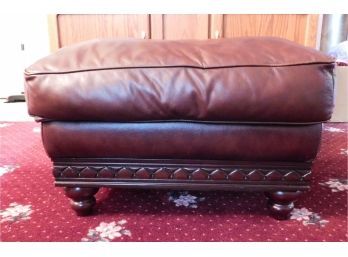 Large Brown Leather Ottoman With Wooden Base