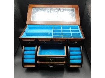 Wooden Jewelry Box With Mirror And Blue Felted Lining