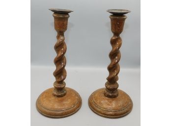 Vintage Pair Of Solid Wood Swirl Style Candlestick Holders