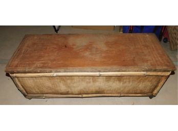 Vintage Solid Wood Bamboo Style Storage Trunk With Handles - NEEDS TLC