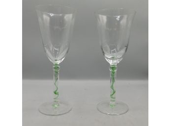 Lovely Pair Of Green Swirl Stemware Glasses