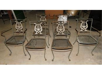 Fantastic Vintage Lyre Harp Design Wrought Iron Outdoor Dining Chairs - 6 Total