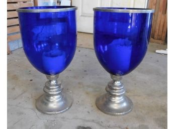 Stylish Cobalt Blue Tint Glass Votives With Metal Base