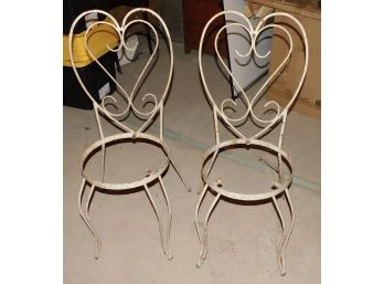 Vintage Heart Design Pair Outdoor Wrought Iron Frame Chairs