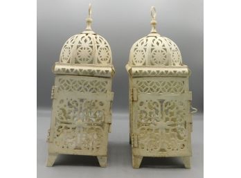 Pair Of Decorative Metal Footed Lantern Style Candle Holders