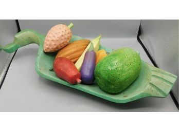 Decorative Wood Duck Style Bowl With Assorted Wood Faux Fruit Decor