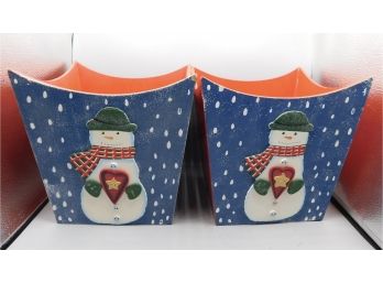 Decorative Pair Of Snowman Pattern Wooden Buckets