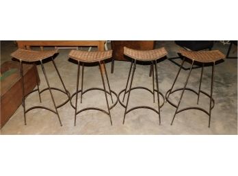 Set Of Wrought Iron Wicker Top Bar Stools - 4 Total