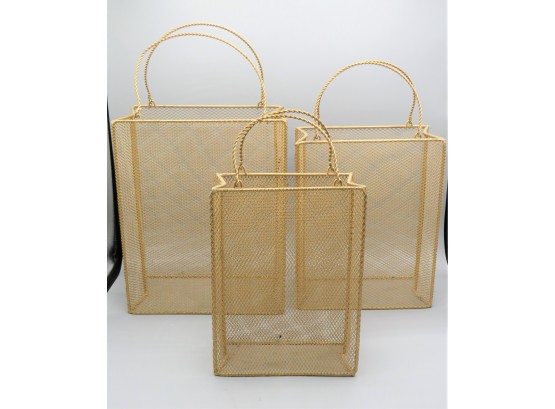 Gold-tone Mesh Metal Shopping Bag-shaped Decor - Set Of 3 Various Sizes
