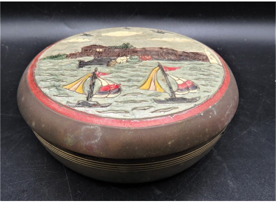 Hand Painted Vintage Made In India Decorative Round Trinket Box