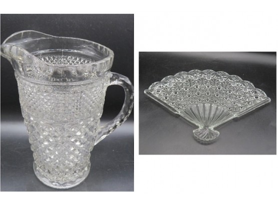 Assorted Cut Glass Ware - Pitcher & Fan-shaped Dish - Set Of 2