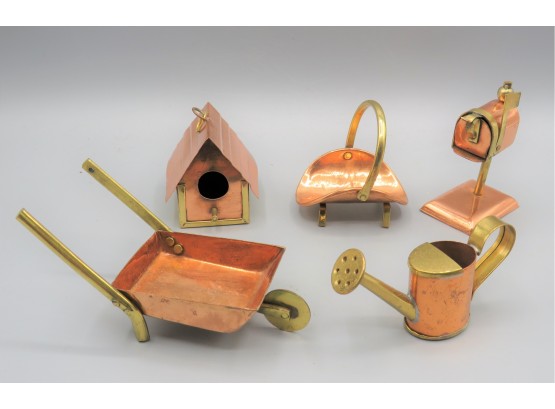 Miniature Copper Figurines - Bird House, Mailbox, Watering Can, Log Basket & Wheelbarrow - Set Of 5