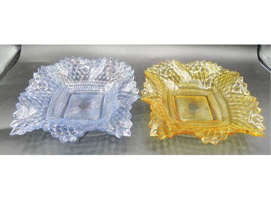 Square Blue & Amber Cut Glass Dishes - Set Of 2