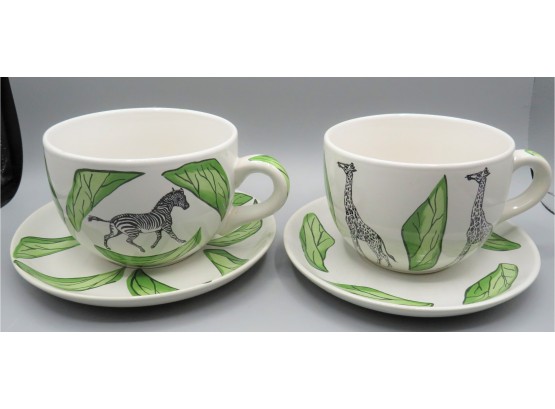 C.e. Corey Hand Decorated Mugs & Saucers With Giraffe & Zebra Design - Set Of 2