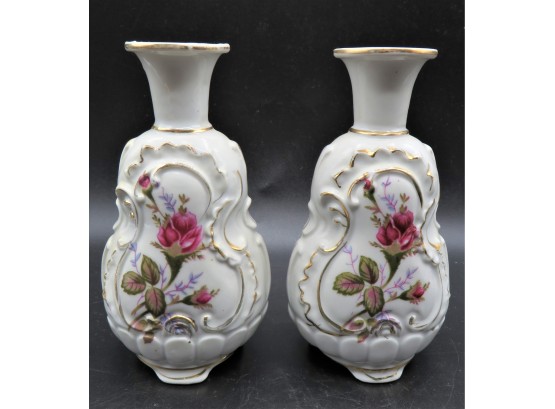 L & M Porcelain Floral With Gold-tone Trim Bud Vases - Set Of 2