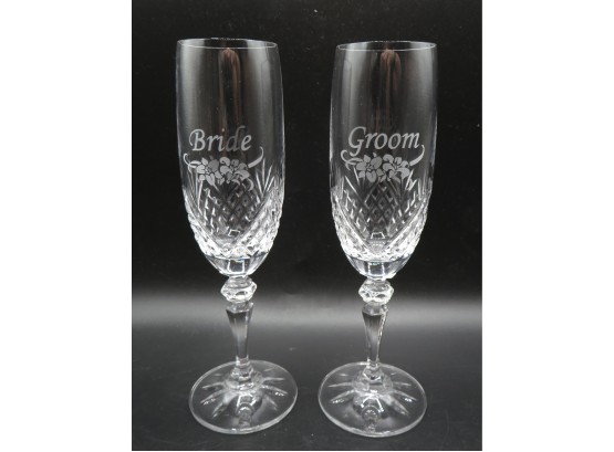 Galway Irish Crystal Bride & Groom Engraved Champagne Flutes - Set Of 2