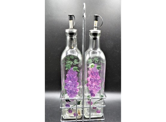 Nantucket Home Painted Grape Design Oil & Vinegar Bottles In Metal Holder - Set Of 2