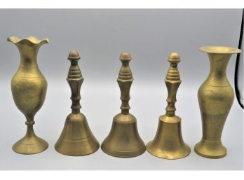 (2) Brass Bud Vases & (3) Brass Bells - 5 Items Total
