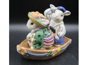 Fitz & Floyd Hand Painted Ceramic Bunny Salt & Pepper Shakers With Boat Rest - Set Of 3