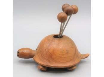 Vintage Oliv-Art Wood Turtle With Cocktail Forks/Toothpick Holder -  (4) Forks