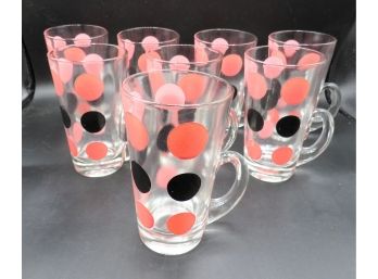 Retro Hazel Atlas Style Pink & Black Polka-Dot Handled Glasses - Set Of 8