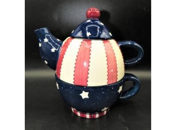 Bella Casa By Ganz  Red, White & Blue  3-piece Teapot, Teacup Set
