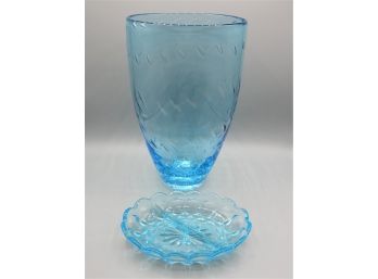 Blue Tinted Glass Vase & 2-sectioned Dish - Set Of 2