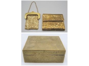 Gold Mesh Coin Purse With Chain Strap, Gold Mesh Wallet & Storage Box - Set Of 3