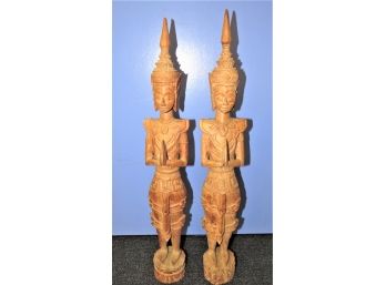 Unique Wood Carved Tall Figurines - Set Of 2