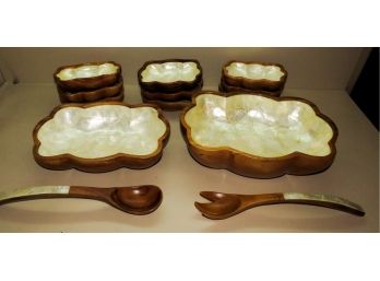 Genuine Shell Craft Products 2 Large Serving Bowls W/ 12 Smaller Bowls W/ Serving Spoons-Made In Philippines
