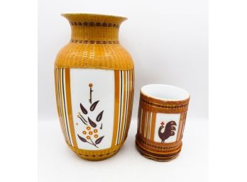 Chinese Porcelain Vase Woven Bamboo W/  Cup