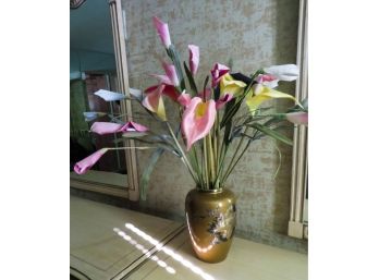 Beautiful Floral Ceramic Vase - Floral Design - Faux Plants Included