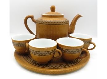 Charming Wicker Tea Set - Tea Pot W/ 4 Tea Cups And Round Tray