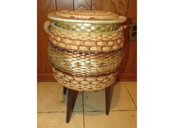 Charming Standing Wicker Basket W/ Storage And Handle   - Sewing Materials Included