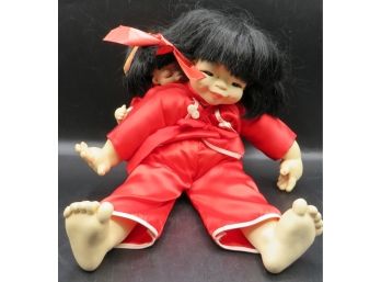 Chinese Dolls - Mom W/ Baby On Back - Face Arms And Legs Plastic